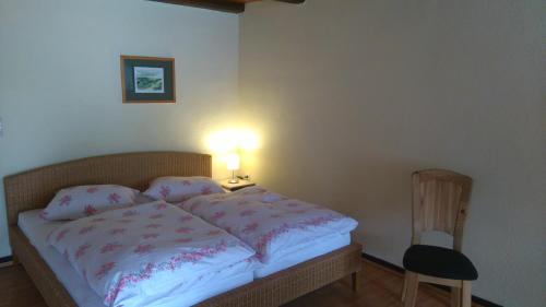 een slaapkamer met een bed met een lamp en een stoel bij Waldblick in Laudenbach