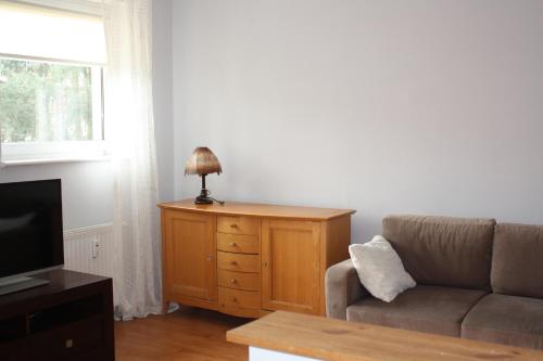 sala de estar con sofá y cómoda con lámpara. en Apartament Sosnowy en Ustka