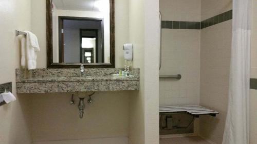 a bathroom with a sink and a mirror at AmericInn by Wyndham Baldwin in Baldwin
