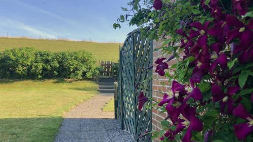 uma cerca com flores roxas ao lado de um campo em Haus am Meer em Vollerwiek
