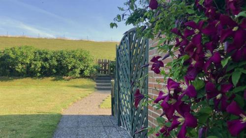 a fence with purple flowers next to a field at Haus am Meer in Vollerwiek