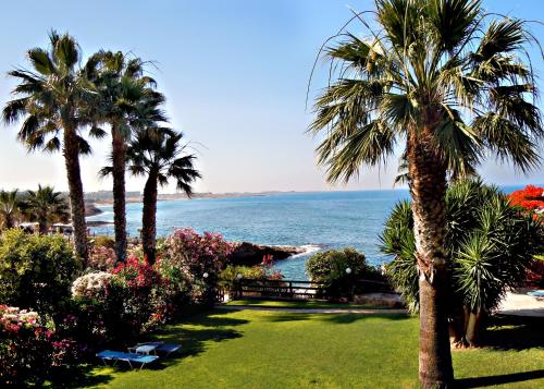 a view of the ocean from a resort with palm trees at Rododafni Beach Apartments in Paphos City