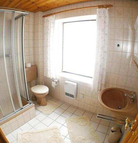 a bathroom with a shower and a toilet and a window at Hus bi de Strandlöper in Böhl