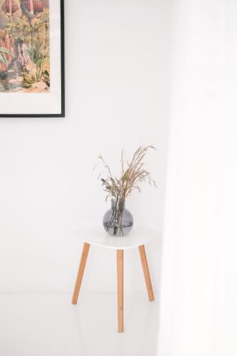 a table with a plant in a vase on it at ZEN Minimal Luxury Housing Tyros in Tiros