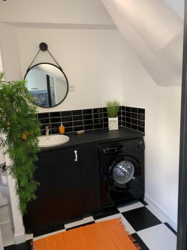 La salle de bains est pourvue d'un lave-linge et d'un miroir. dans l'établissement JOOLIA SooHome, à Marseille
