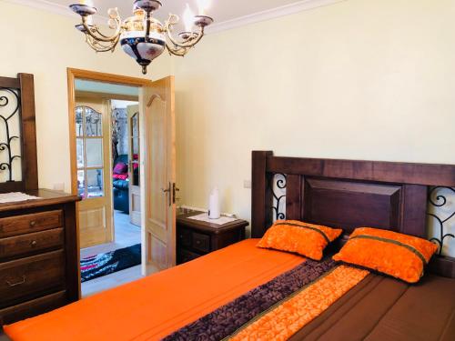 a bedroom with a bed with orange pillows and a chandelier at Casa da Quinta da Prelada Simão in Celorico de Basto