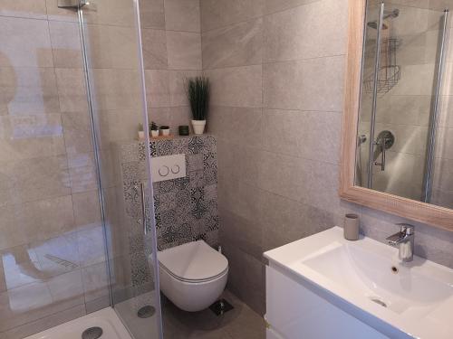 a bathroom with a shower and a toilet and a sink at Apartments Jerko in Primošten