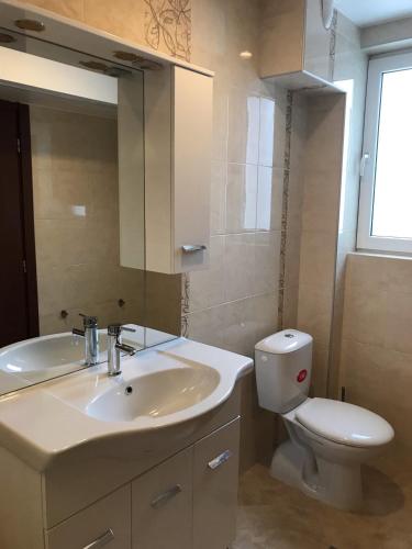 a bathroom with a sink and a toilet and a mirror at Център in Pleven