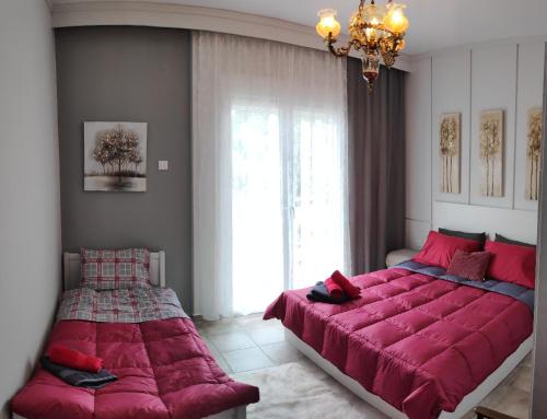 a bedroom with two beds and a large window at Cozy apartments in Komotini