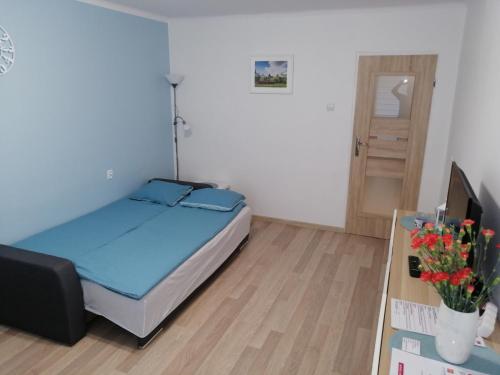 1 dormitorio con 1 cama y escritorio con TV en Mieszkanie Krukowska, en Sandomierz