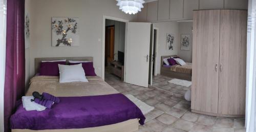 1 dormitorio con cama morada y baño en Cozy apartments, en Komotiní