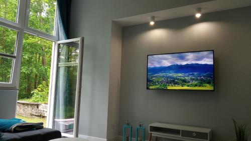 Televízia a/alebo spoločenská miestnosť v ubytovaní Apartament 4 przy Parku Leśnym
