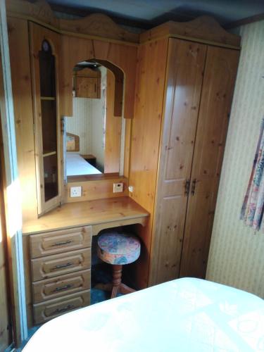 a bedroom with a wooden vanity with a mirror at Vinařský mobilheim in Vrbovec