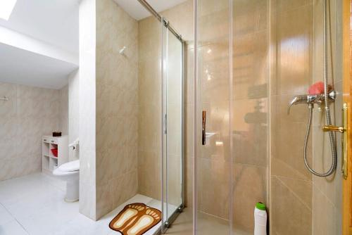 baño con ducha y puerta de cristal en Buen Camino - Arzúa Centro, en Arzúa