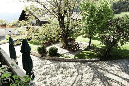 a view of a garden with a tree and benches at Urlaub am Bauernhof Feldbauer in Landl