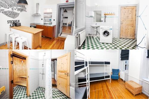 a collage of photos of a kitchen and a house at City Backpackers Hostel in Stockholm