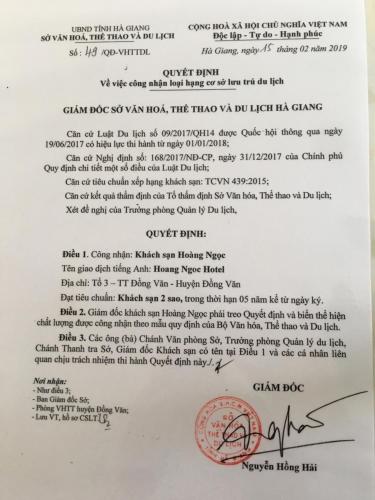 
A certificate, award, sign, or other document on display at Hoang Ngoc Hotel
