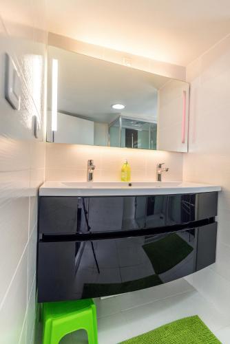 une salle de bain avec un lavabo et un miroir dans l'établissement gite Brest Au Bout Du Ponton, à Brest