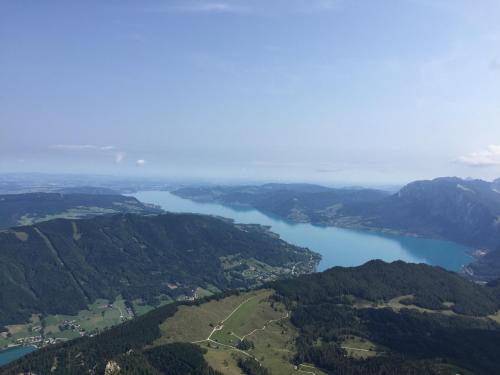 an aerial view of a lake in the mountains at Ferienwohnung Am Sonnenhang in Strobl