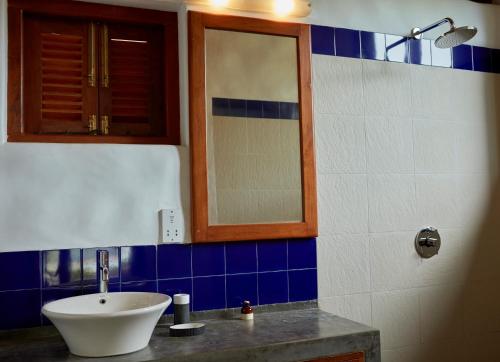 W łazience znajduje się umywalka i lustro. w obiekcie Bamboo Villa Kandy w mieście Digana