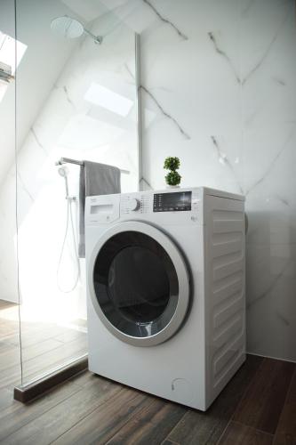 a white washing machine in a room with a plant at Roma Apartment in Sandanski