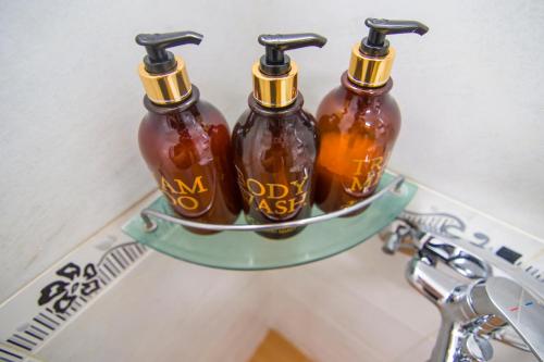 three bottles of soap on a shelf in a bathroom at Hyundai Elliot Hotel and Resort in Pyeongchang 