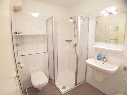 W łazience znajduje się prysznic, toaleta i umywalka. w obiekcie Apartment 9 w mieście Heiligenhafen