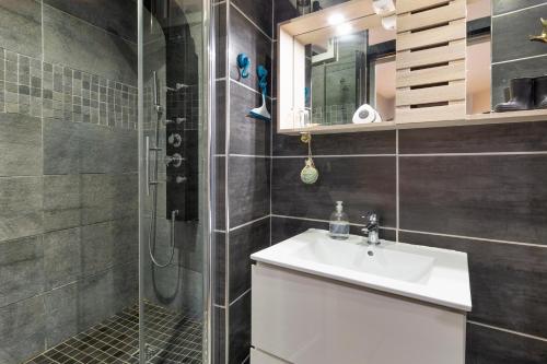 uma casa de banho com um lavatório e um chuveiro em Les Bois Flottés em Saint Malo