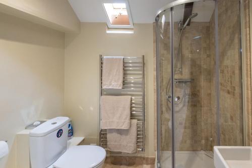 y baño con ducha, aseo y lavamanos. en Little Tern Cottage, en Aldeburgh