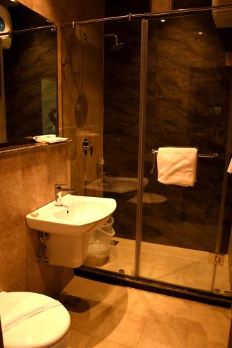 a bathroom with a shower and a toilet and a sink at Mastiff Villa Camellia by OTHPL in Pālampur