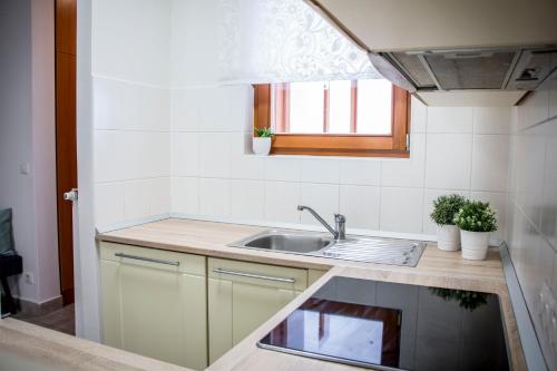 Elle comprend une petite cuisine avec un évier et une fenêtre. dans l'établissement Don Quijote Apartment, à Budapest