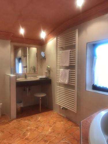 a bathroom with a sink and a mirror at Mauracherhof in Maurach