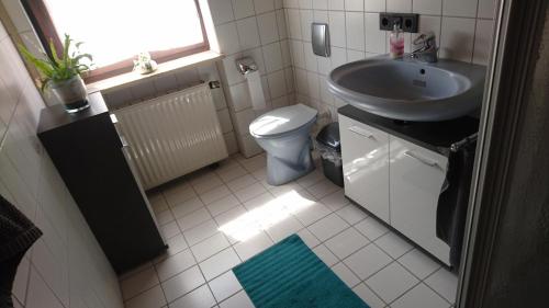 a bathroom with a sink and a toilet at Ferien Wohnung "Kaiser" mit Balkon und Garten in Offenhausen