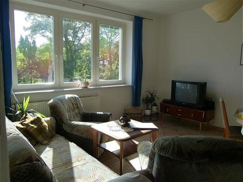sala de estar con sofá y TV en Ferienwohnung A0, en Klocksin