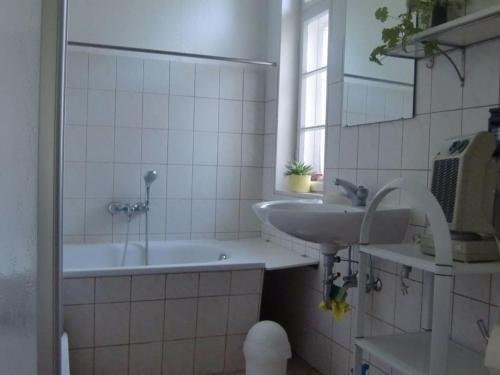 y baño con lavabo, bañera y espejo. en Ferienwohnung A3 en Klocksin