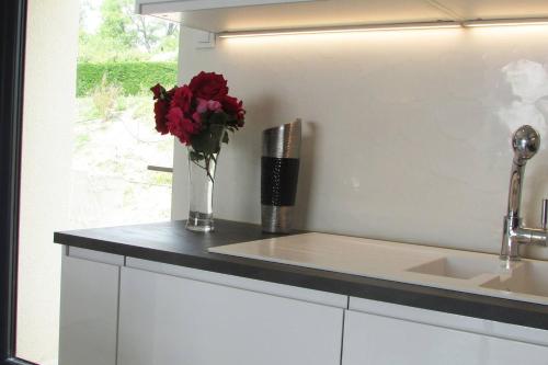 a kitchen counter with a vase of flowers and a sink at La Citadelle in Eynesse