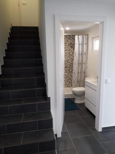 a bathroom with a black staircase and a toilet at Villa Ricardo in Alcobaça