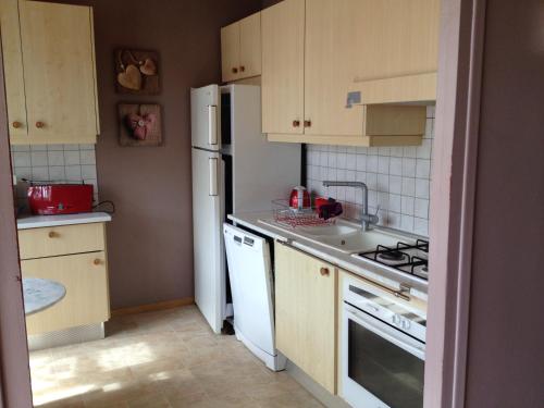 uma cozinha com um frigorífico branco e um lavatório em Le Chalet em Bouchoir