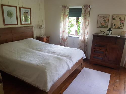 Eljaröd的住宿－Smultronbacken，一间卧室配有一张床、一个梳妆台和一扇窗户。