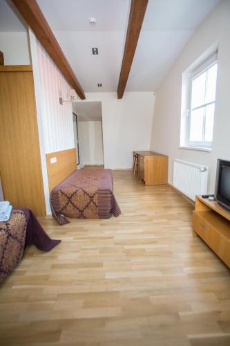 a large room with two beds and a television at Apartments Ameda in Vilnius