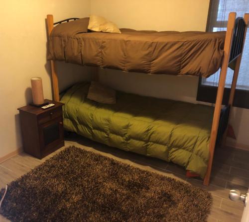 a bedroom with two bunk beds and a rug at Departamento Reñaca FRENTE AL MAR in Viña del Mar