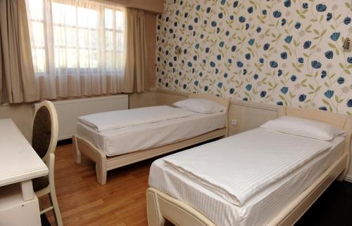 two beds in a small room with a wallpaper at Hotel Centar Balasevic in Belgrade