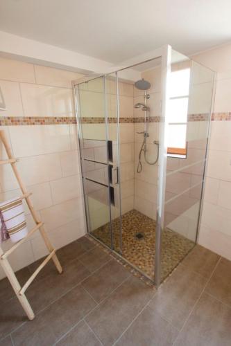 a shower with a glass door in a bathroom at Le Divin Gîte Classé 4 étoiles in Hunawihr