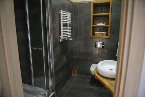 a bathroom with a shower and a toilet and a sink at Apartamenty Faust in Ełk