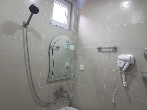 a bathroom with a shower with a mirror and a toilet at Apartment Nodmax in Ureki