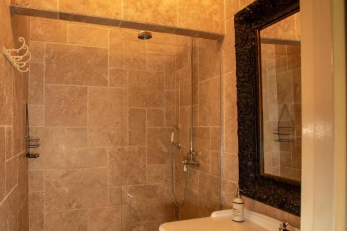 a bathroom with a shower with a sink and a mirror at Ocean Blue Bonaire in Kralendijk