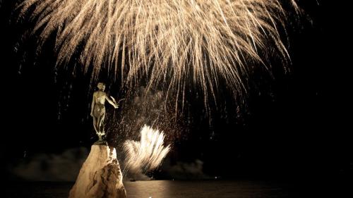 a statue of a man on a rock in the water with fireworks at Stefani Studio Apartman in Opatija