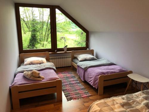 a bedroom with two beds and a window at OSTOJA BONDYRZ in AdamÃ³w