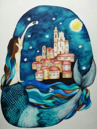 a painting of a castle on top of the ocean at Ca dell'acciuga in Cervo