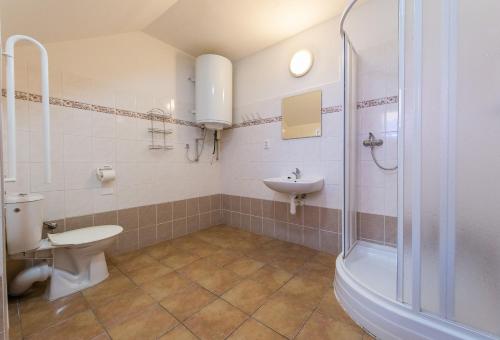 a bathroom with a toilet and a sink and a shower at Penzion Kosky in Hamr